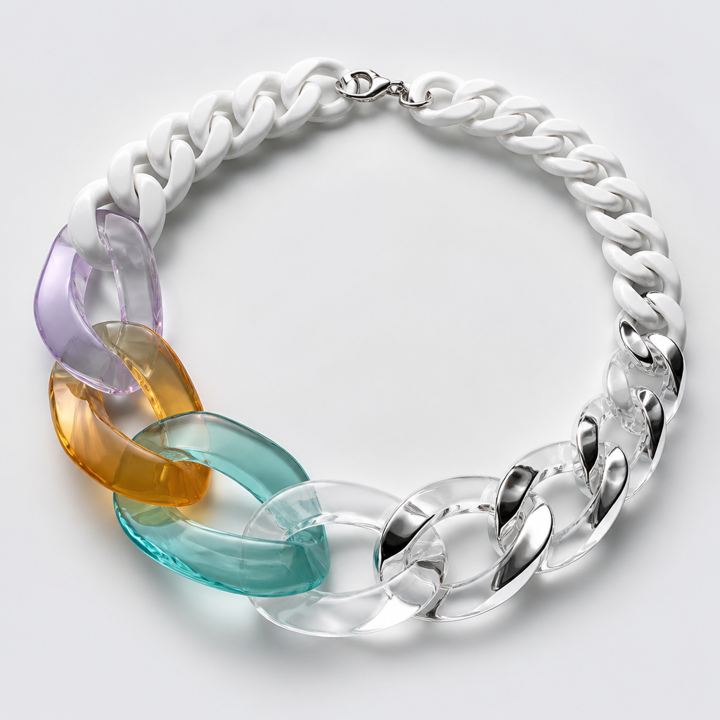 A women's necklace. create a chunky Cuban links style plastic necklace that is graduated and exaggerated in the first three links of translucent colors with the back part white and the front alternating clear and silver
photorealistic jewelry design, A women's necklace. create a chunky Cuban links style plastic necklace that is graduated and exaggerated in the first three links of translucent colors with the back part white and the front alternating clear and silver, modern style, just the design no text