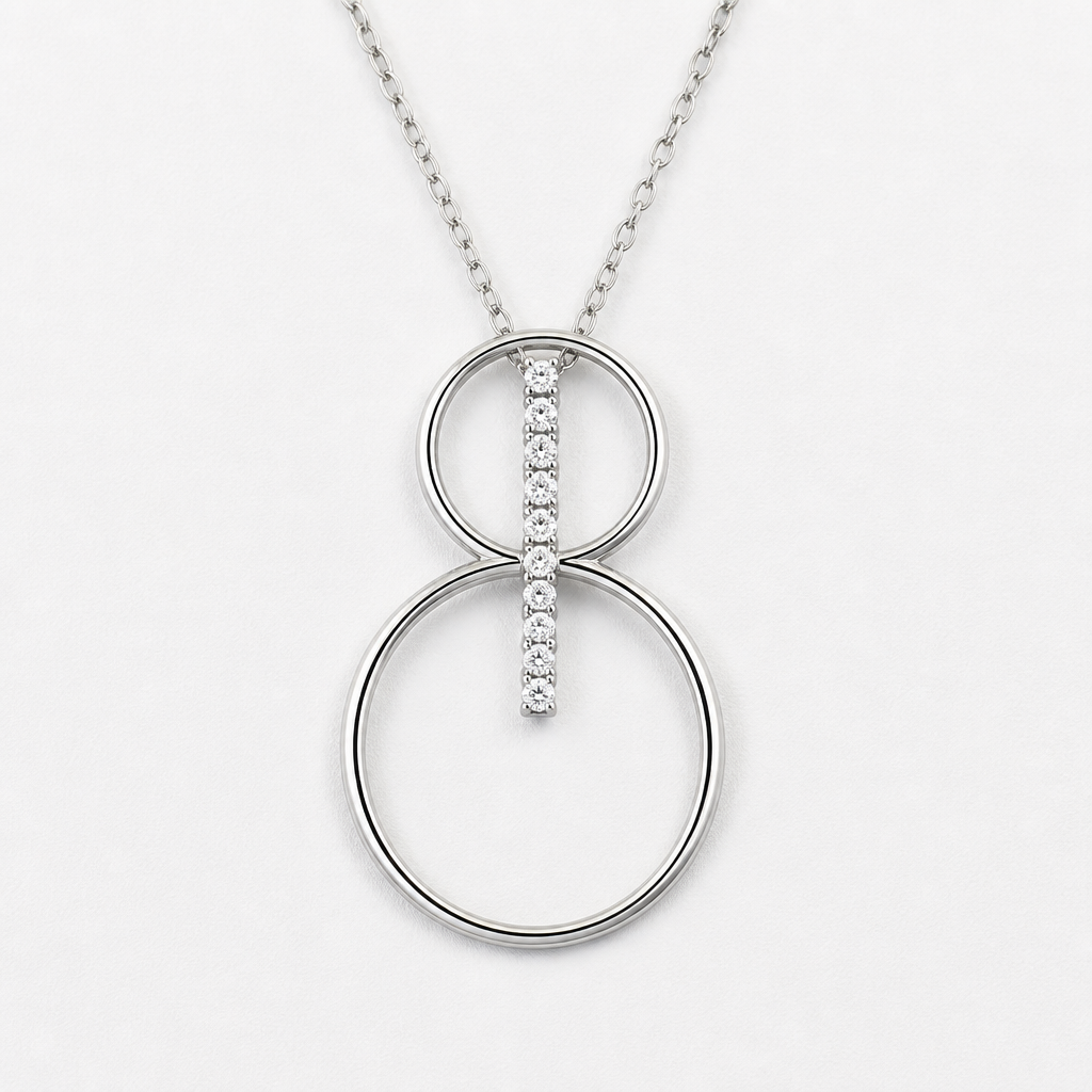 A women's pendant made of silver. collier avec 2 cercles fin, sans diamand, cercle du dessus plus petit, relié par une ligne de diamands qui entre legerement dans les cercles, cercles superposé haut en bas
photorealistic jewelry design, A women's pendant made of silver. collier avec 2 cercles fin, sans diamand, cercle du dessus plus petit, relié par une ligne de diamands qui entre legerement dans les cercles, cercles superposé haut en bas, modern style, just the design no text