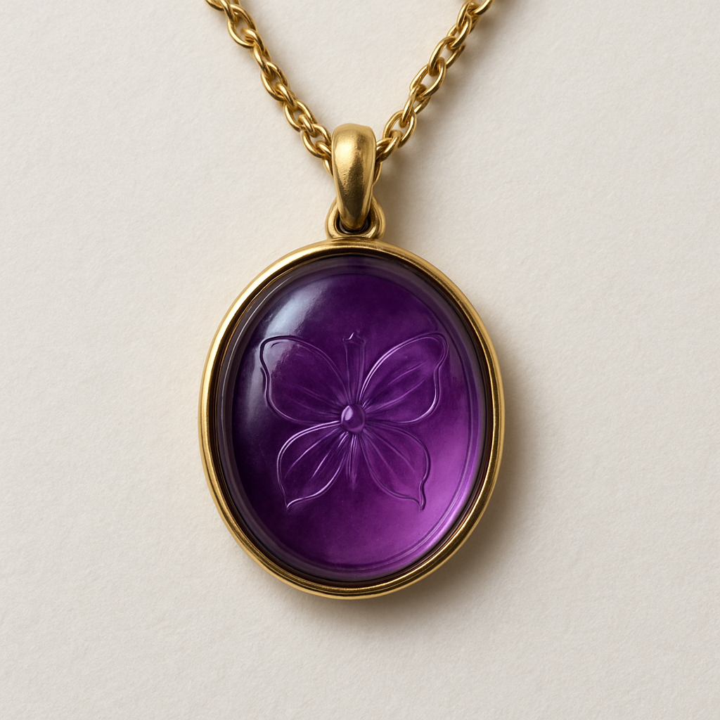 Pendent with purple glass having a flower or butterfly design under the glass