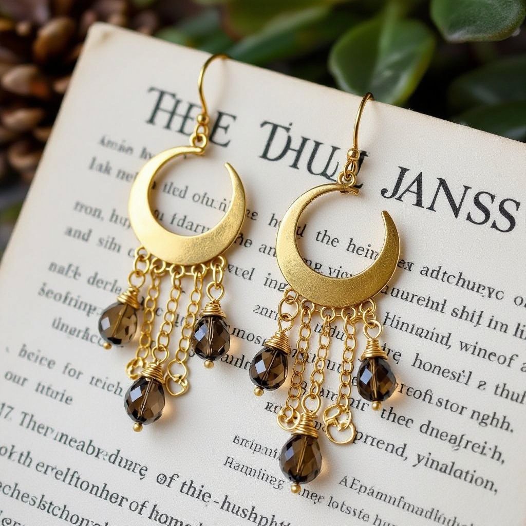 Золотые серьги полумесяц вертикальный 2 см, сверху крепится к швензе. От полумесяца идет три цепочки золотого цвета, у каждой на конце камушек раухтопаз