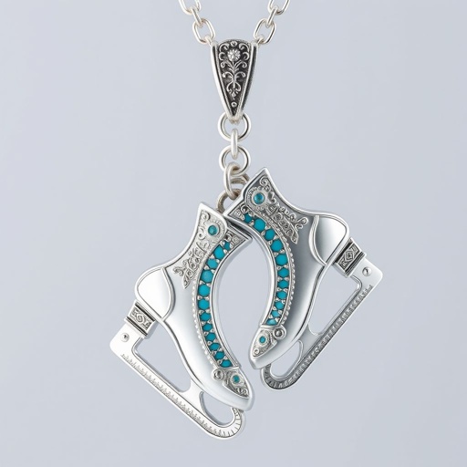 Silver pendant in the shape of ice skating blades with a turquoise stripe within the blade