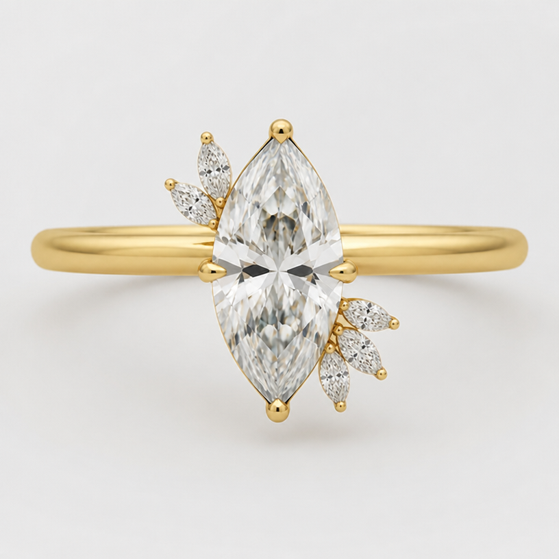 can you keep the middle marquis diamonds in the flower parts the same size, but make the outer diamonds of the trios smaller on both sides.
edit the attached jewelry design with these instructions: can you keep the middle marquis diamonds in the flower parts the same size, but make the outer diamonds of the trios smaller on both sides.. keep it photorealistic, just the design no text