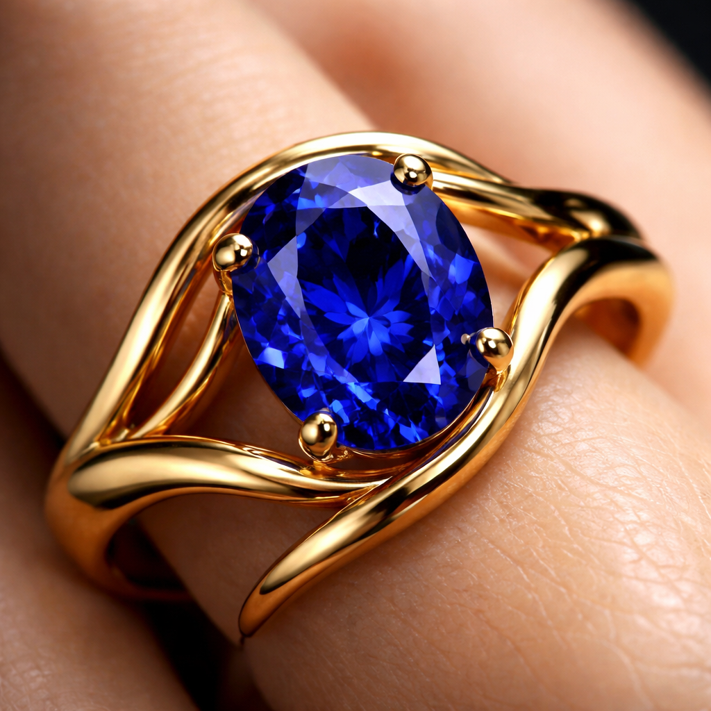 4 carat sapphire royal blue ring in any design in yellow gold only and with no additional diamonds, something sexy, provocative and bright , something for a young woman that knows what she wants and everyone envy’s her