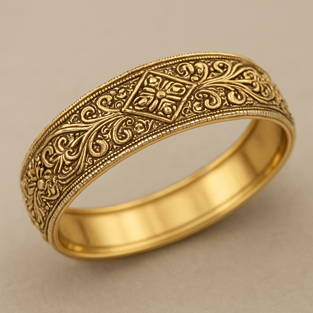 Create a 14k yellow gold bangle with sophisticated detailing
