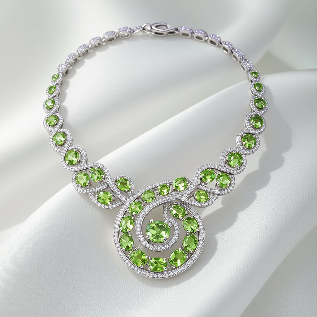 Make a necklace with paraiba tourmaline and peridot in swirl patterns high jewellery 