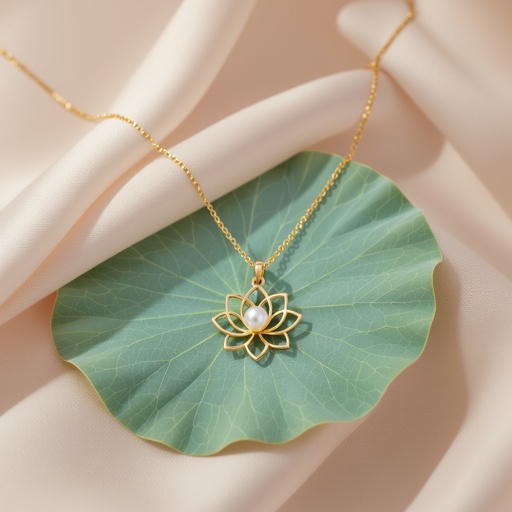 Украшение на шею золотая цепочка с подвеской в виде цветка лотоса с жемчугом по центру