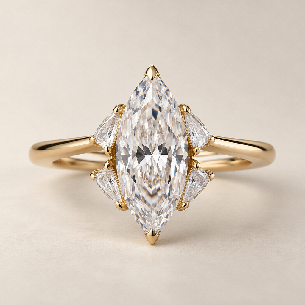 A modern women's ring made of gold with diamond stones suitable for engagement, minimalist, simple and delicate, clean lines. gold ring with 3 ct. marquis diamond center stone, with kite cut diamonds set, two on each side, under the marquis with their long points aligned with the points of the marquis center stone.
photorealistic jewelry design, A modern women's ring made of gold with diamond stones suitable for engagement, minimalist, simple and delicate, clean lines. gold ring with 3 ct. marquis diamond center stone, with kite cut diamonds set, two on each side, under the marquis with their long points aligned with the points of the marquis center stone., modern style, just the design no text