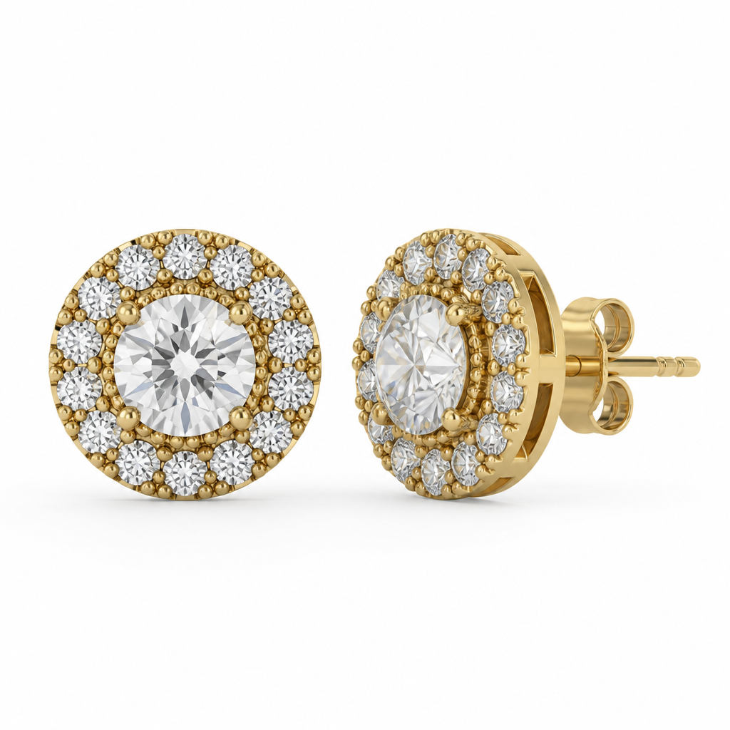 Stud earrings, center stone 3.2 mm, pave around 1mm stones 1
photorealistic jewelry design, Stud earrings, center stone 3.2 mm, pave around 1mm stones 1, pave style, just the design no text