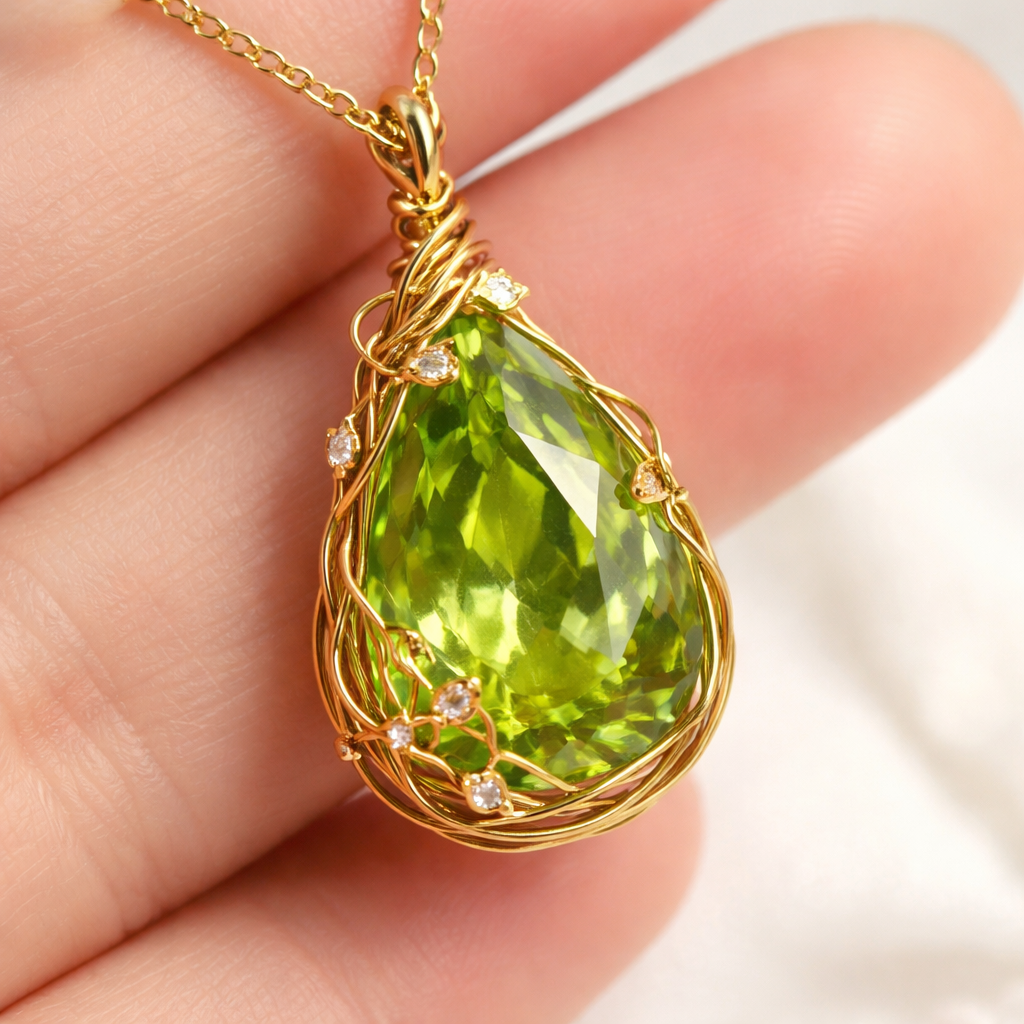 Pear cut peridot necklace with gold wire wrapped around it like a vine