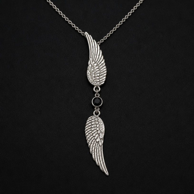 A women's pendant. feather pendant join by round black gemstone with adjustable chain
using the attached image as a visual reference, create A women's pendant. feather pendant join by round black gemstone with adjustable chain. photorealistic, just the design no text