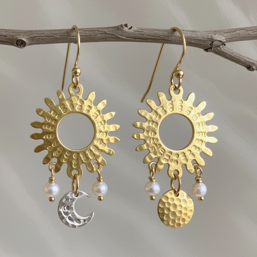 Золотые серьги словно мятое золото в форме солнца с волнистыми лучами, в центре солнца круглая дыра. крепится к застежке серьги. К нижней части солнца крепятся подвески: миниатюрная серебристая луна, очень маленький жемчуг и маленький золотой кружочек с мятым эффектом плоский