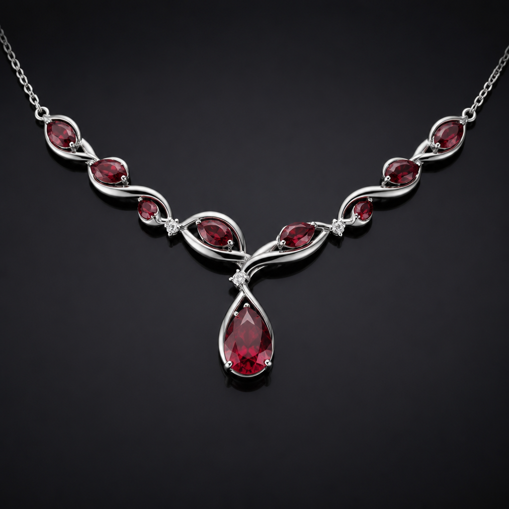 Red gems on necklace.
photorealistic jewelry design, Red gems on necklace., contemporary style, just the design no text