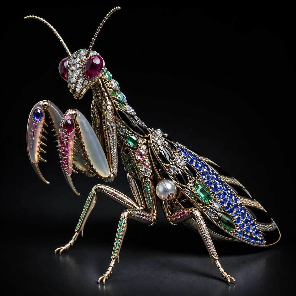 Sapphire diamond emerald ruby pearl pink diamond obsidian praying mantis
photorealistic jewelry design, Sapphire diamond emerald ruby pearl pink diamond obsidian praying mantis , avant_garde style, just the design no text