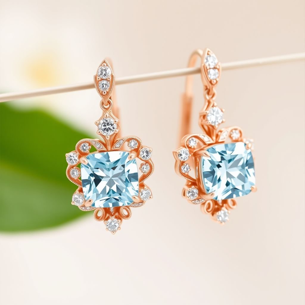 A rose gold aquamarine gemstone rose cut and diamond gemstones trillion, with VVS and M carat earrings