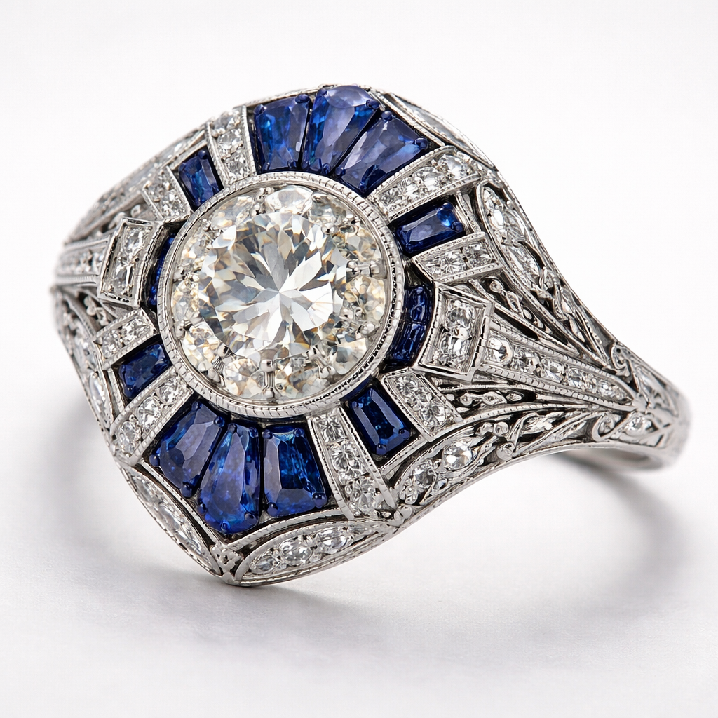Art decorate with an old mine diamond fitted with beautiful sapphires with some absolutely gorgeous designs on the side do not fail me
Art decorate with an old mine diamond fitted with beautiful sapphires with some absolutely gorgeous designs on the side do not fail me, art_deco style