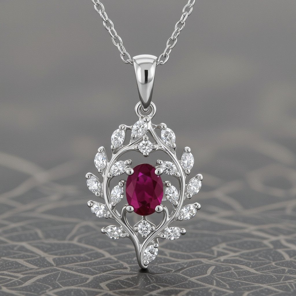 7x5mm oval pigeon blood ruby with 8 marquis cut diamonds each .08ct set in white gold pendant 