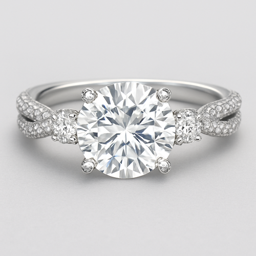 3 carat round diamond with .6 diamond on each side with pave prongs and twisted pave band 