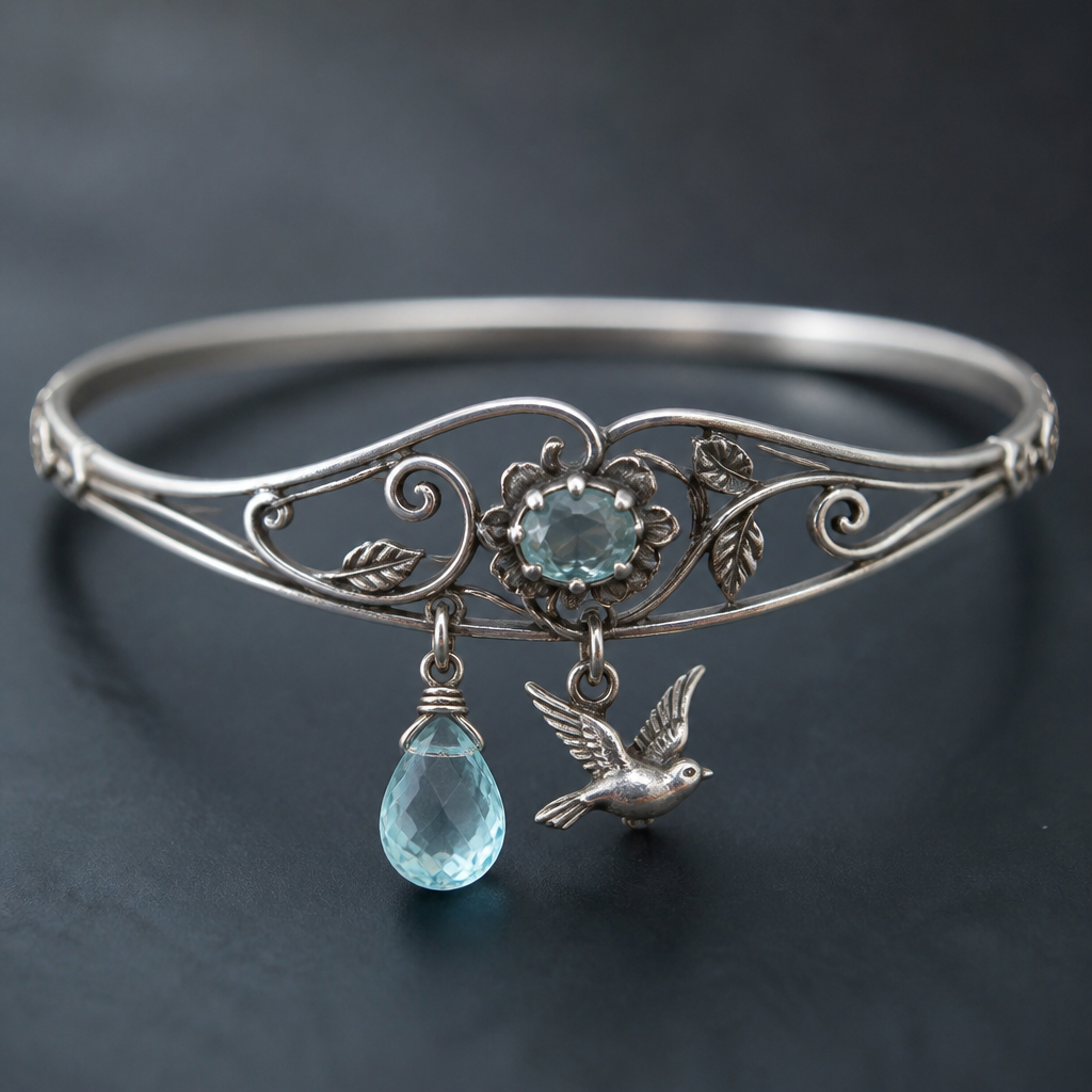 A vintage women's bracelet made of silver with aquamarine stones suitable for daily wear. каркасный браслет с 2мя подвижными подвесками в виде натурального аквамарина и фигурки птицы
photorealistic jewelry design, A vintage women's bracelet made of silver with aquamarine stones suitable for daily wear. каркасный браслет с 2мя подвижными подвесками в виде натурального аквамарина и фигурки птицы, vintage style, just the design no text