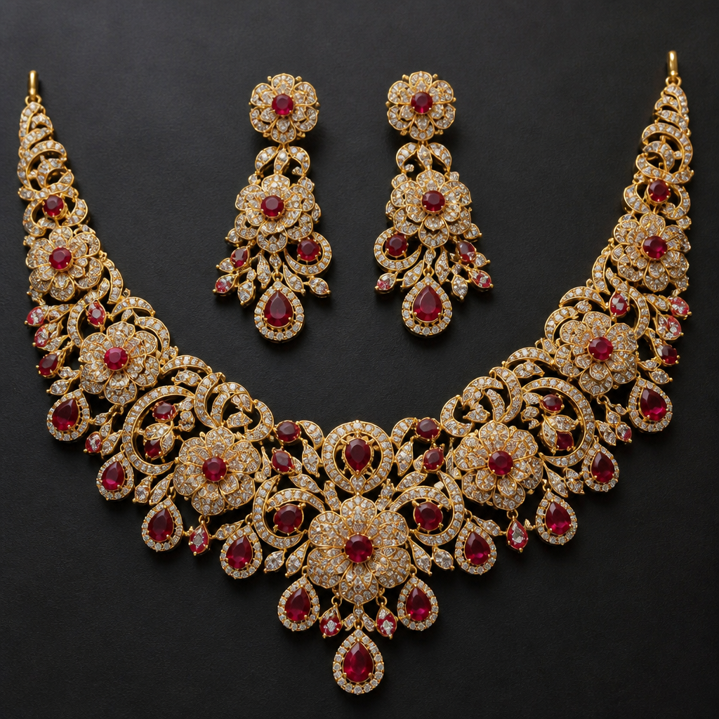 Necklace wt 150 gm with 3d flowers with earrings included length 3.5 inches and necklace bridal wear with stone studs ruby and champion zircon
photorealistic jewelry design, Necklace wt 150 gm with 3d flowers with earrings included length 3.5 inches and necklace bridal wear with stone studs ruby and champion zircon
, just the design no text