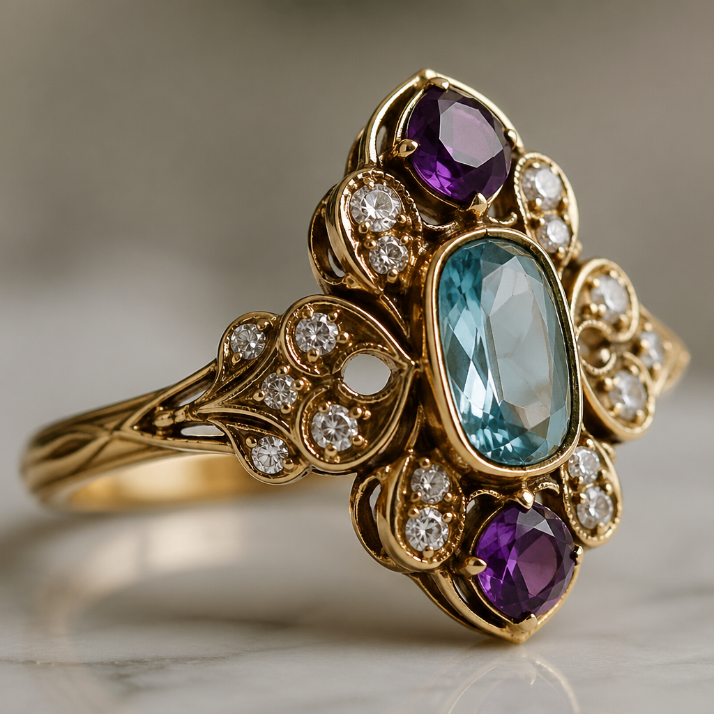 A vintage women's ring made of gold with diamond and topaz and amethyst stones
photorealistic jewelry design, A vintage women's ring made of gold with diamond and topaz and amethyst stones, vintage style, just the design no text