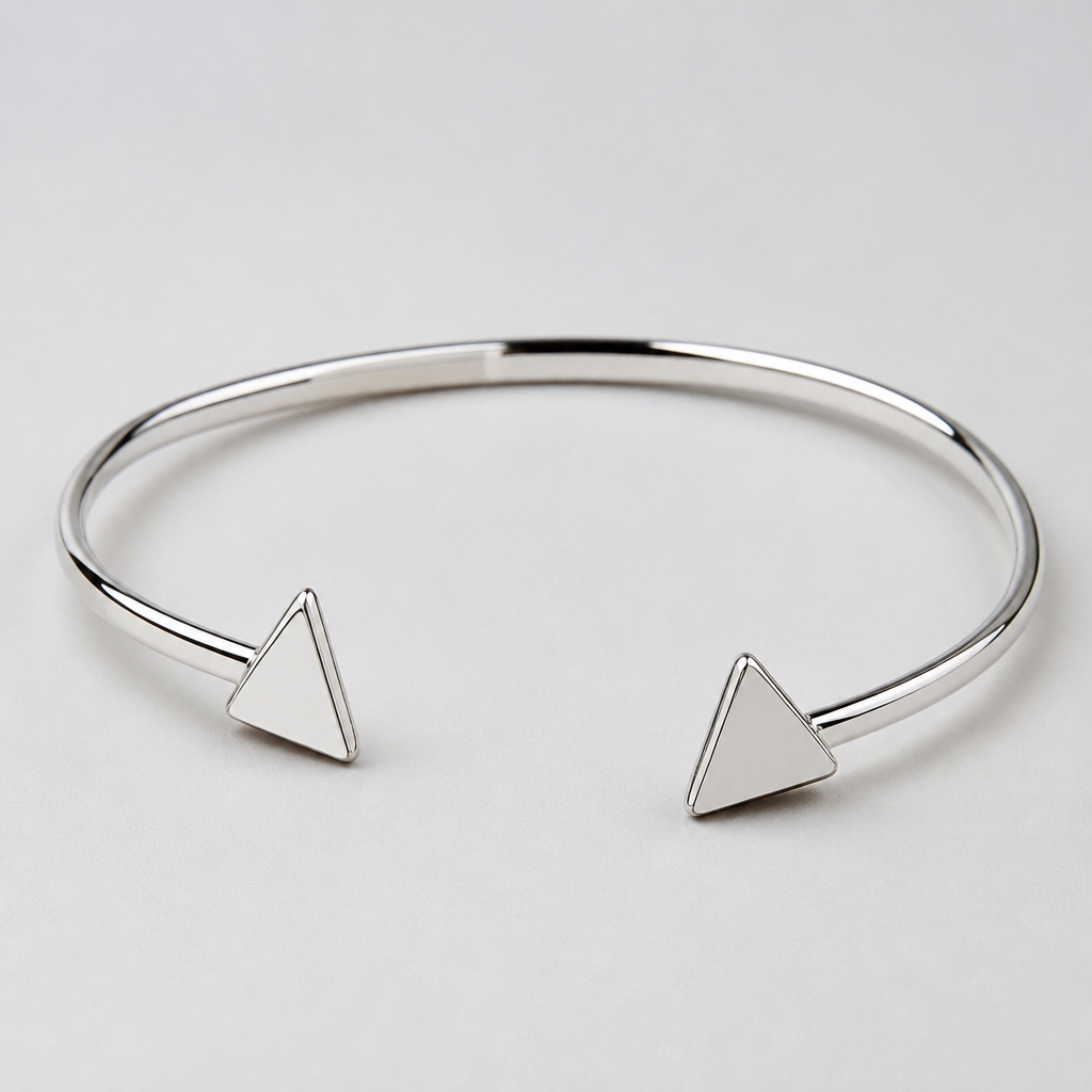 A women's bracelet made of silver. cuff bracelet both ends are triangles
photorealistic jewelry design, A women's bracelet made of silver. cuff bracelet both ends are triangles, modern style, just the design no text