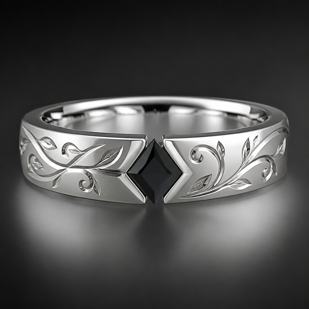 White gold wedding band with vines engraved and kite shaped black diamond set in the middle
photorealistic jewelry design, White gold wedding band with vines engraved and kite shaped black diamond set in the middle
, tension style, just the design no text