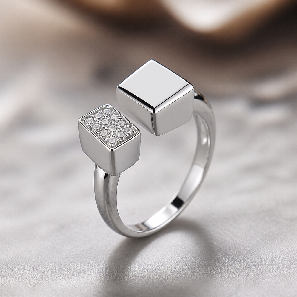 A geometric women's ring made of silver with diamond stones suitable for gift. double cube shape ring with one side cube plain diamond and one side cube shape body blank
photorealistic jewelry design, A geometric women's ring made of silver with diamond stones suitable for gift. double cube shape ring with one side cube plain diamond and one side cube shape body blank, geometric style, just the design no text
