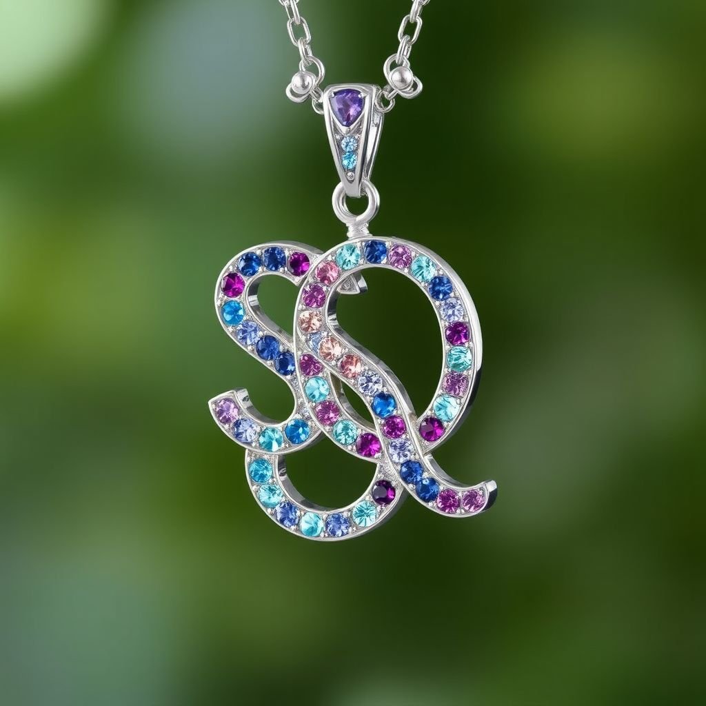 silver necklace with the pendant in letter SQ in a unique way with stones 