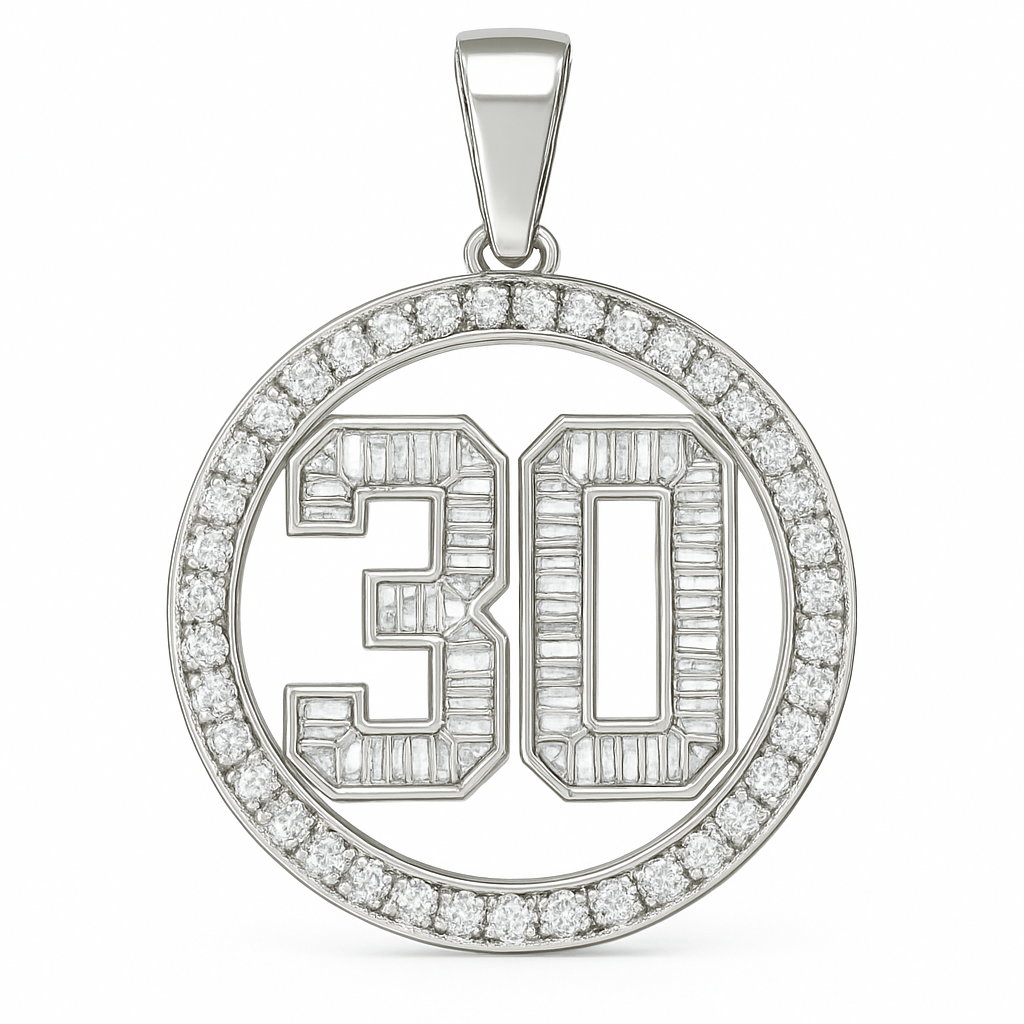 Number 30 with white gold baguettes inside big circle cut diamond pendant , big nascar font