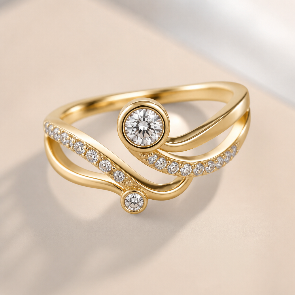 A modern women's ring made of gold with diamond stones suitable for birthday
photorealistic jewelry design, A modern women's ring made of gold with diamond stones suitable for birthday, modern style, just the design no text