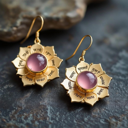 Gold-colored matte ring earrings. The diameter is 1 cm. Pendant in the form of a flat lotus with 6 petals. In the center of the lotus is a rose quartz stone. There are mantras in Sanskrit in small print on the petals.