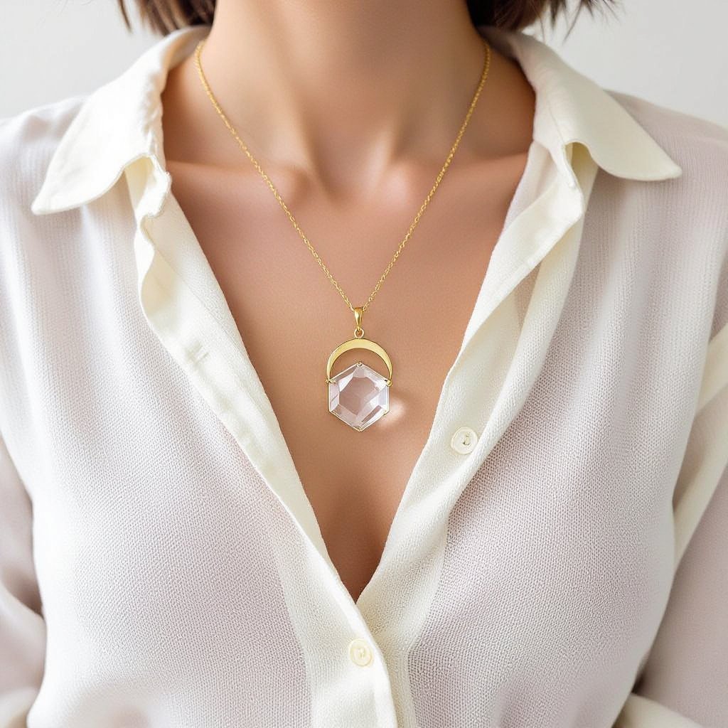 Прозрачный белый кристалл горного хрусталя шестигранный золотой матовый тонкий полумесяц подвеска рядом все на одной цепочке