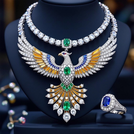 Necklace of phoenix printed on it for women Design a luxurious platinum signet ring that embodies the elegance of Art Deco style, featuring a striking phoenix rendered in intricate geometric patterns. Emphasize bold lines and symmetry, with contrasting finishes for depth. Adorn the ring with brilliant-cut diamonds and Blue Saphire Stone, capturing the spirit of rebirth and timeless sophistication. Platinum phoenix necklace with diamonds and emeralds.