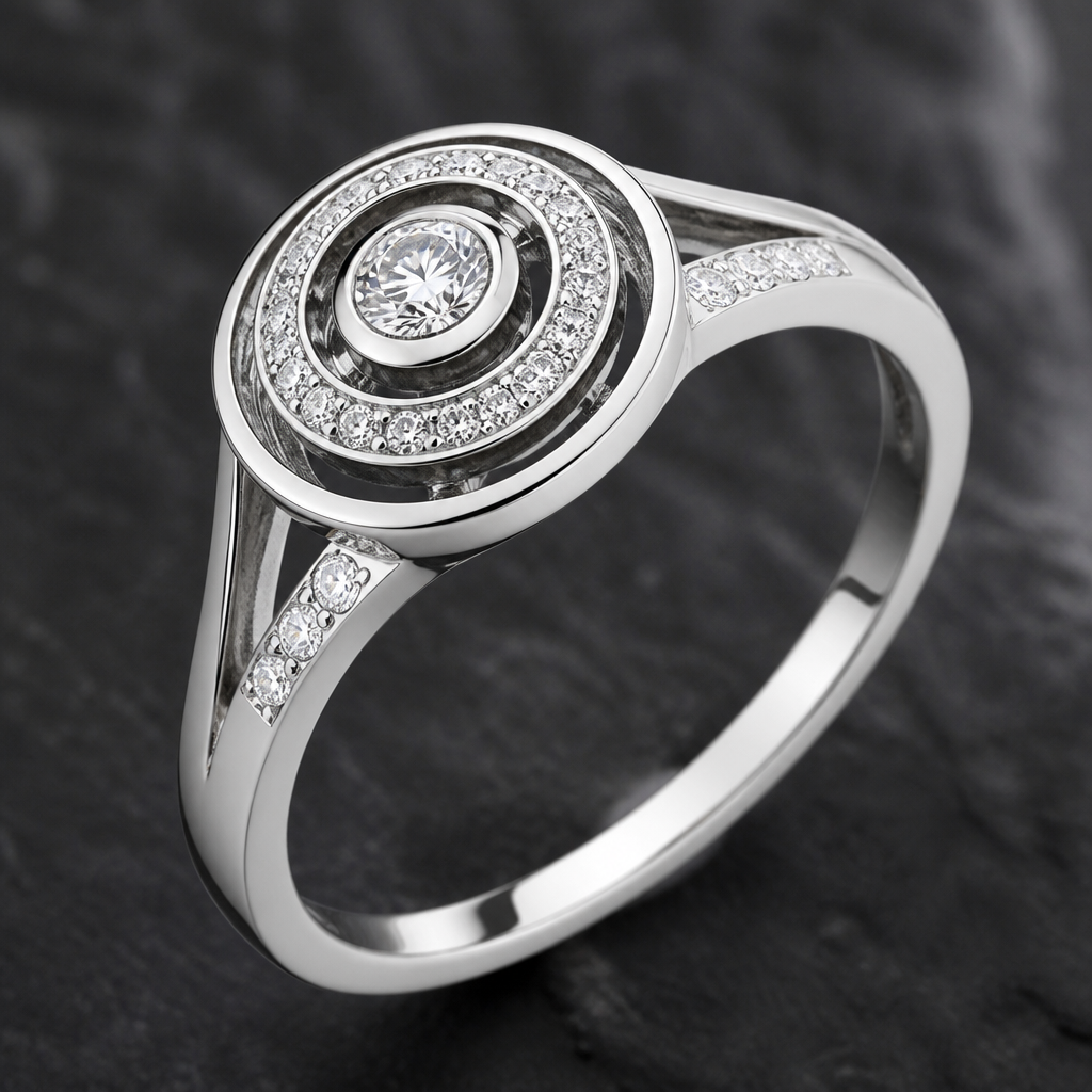 A modern women's ring made of silver with diamond stones. a ring with round layers on top with gems in it
photorealistic jewelry design, A modern women's ring made of silver with diamond stones. a ring with round layers on top with gems in it, modern style, just the design no text