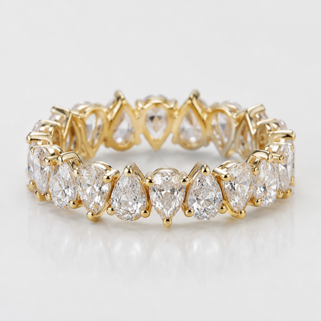 A ring featuring pear-shaped diamonds arranged alternately, with one pointing up and the next pointing down.
photorealistic jewelry design, A ring featuring pear-shaped diamonds arranged alternately, with one pointing up and the next pointing down., eternity style, just the design no text