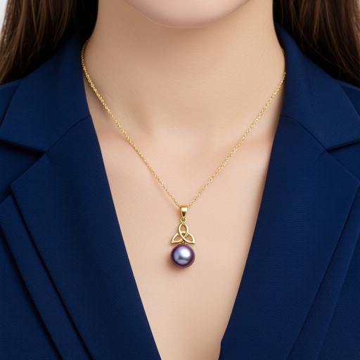 A 10 carrot gold chain purple Akoya Pearl Necklace with Celtic knot