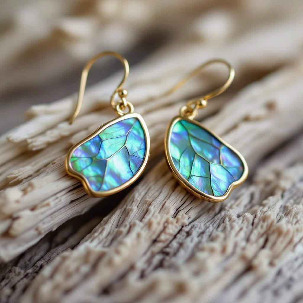 Серьги золотые в виде бирюзового с переливами половины крыла бабочки из перламутра 