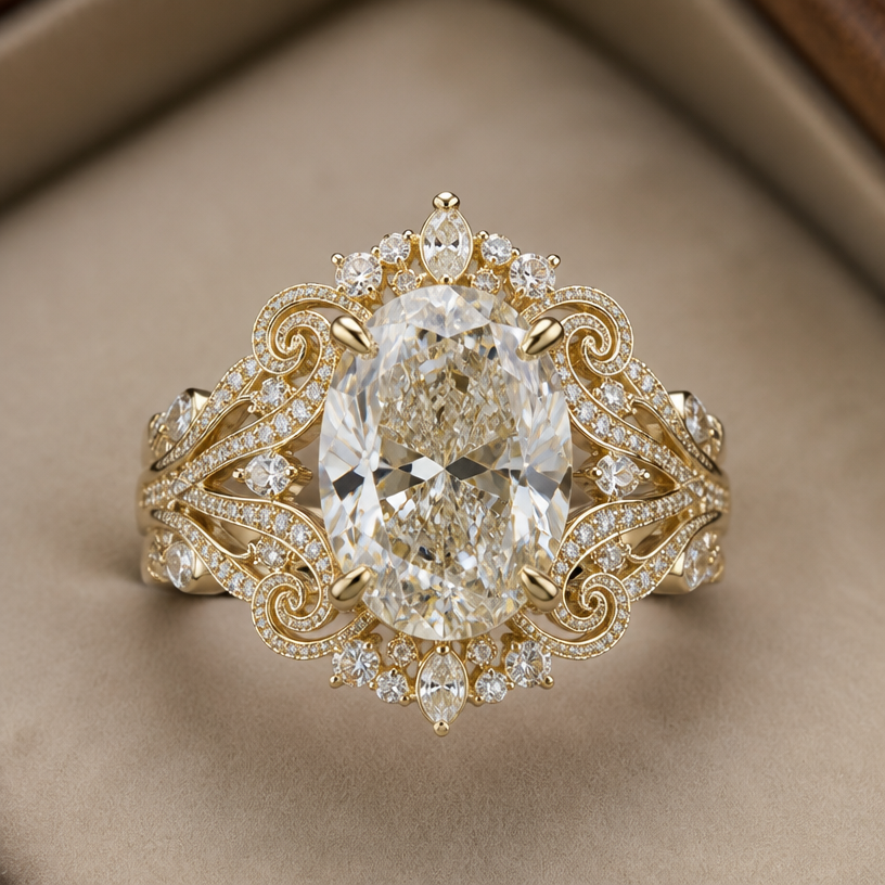 A women's ring, highly ornate, intricate and elaborate, richly detailed. with a 10 ct oval
using the attached image as a visual reference, create A women's ring, highly ornate, intricate and elaborate, richly detailed. with a 10 ct oval. photorealistic, just the design no text