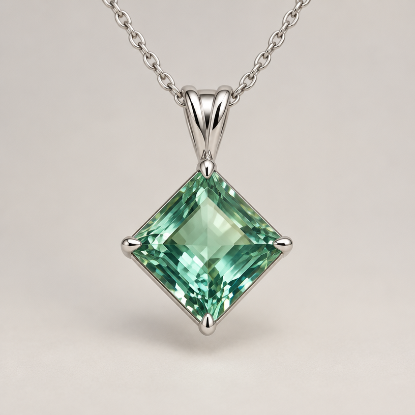 A women's pendant made of white gold. 2.8 ct square in kite shape pendant
using the attached image as a visual reference, create A women's pendant made of white gold. 2.8 ct square in kite shape pendant. photorealistic, just the design no text