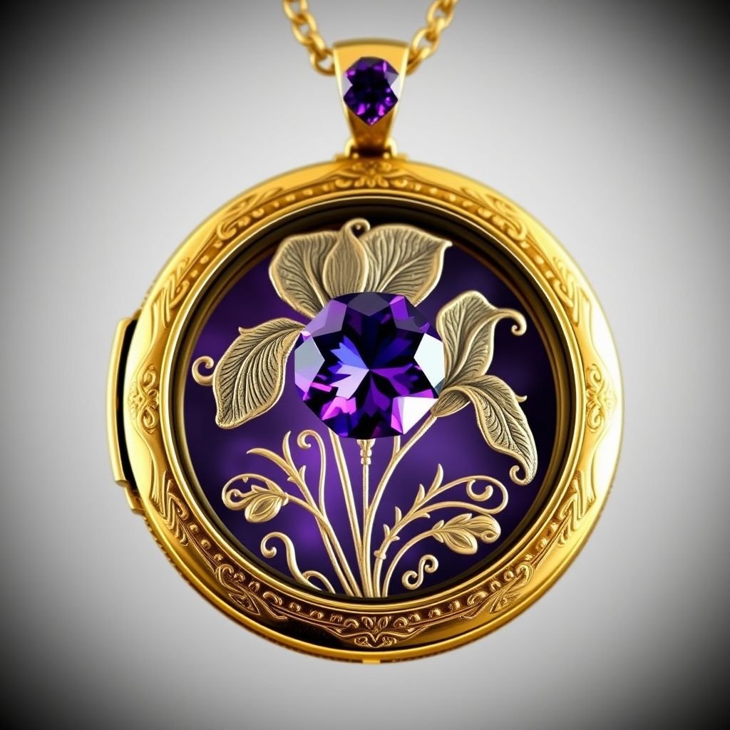 Locket is round shaped with an amethyst stone on top of an engraved Iris Flower