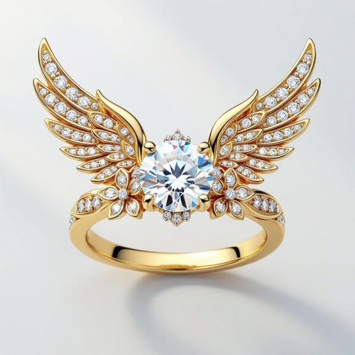 fairytale gold and diamond ring with angel wings diamond in the middle and flowers 