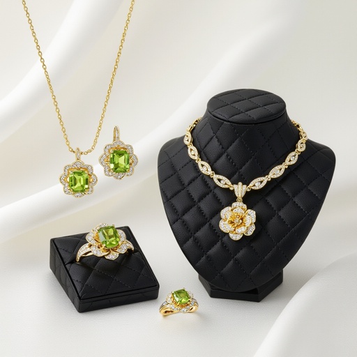 Modern peridot earring and necklace and ring  jewelry design with gold