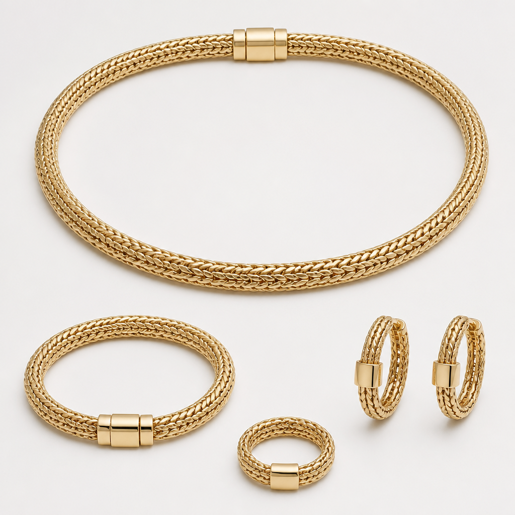A modern women's necklace made of gold. make ring and bracelet and earrings with it in the same design and do it inspired of Fope flex'it brand and make it with box clasp
photorealistic jewelry design, A modern women's necklace made of gold. make ring and bracelet and earrings with it in the same design and do it inspired of Fope flex'it brand and make it with box clasp, modern style, just the design no text
