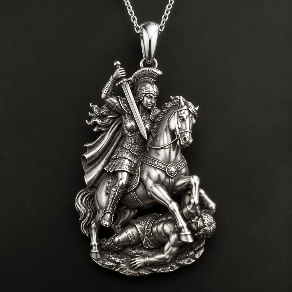 A modern women's pendant made of silver suitable for daily wear. An extraordinary excellent beautiful delicate and elegant pendant with Saint Demetrios with a beautiful delicate and elegant face, with long hair, with a beautiful delicate elegant and fit body, with a beautiful delicate and elegant armour, with a beautiful delicate and elegant helmet on his head over his horse striking with his sword an unfaithful.