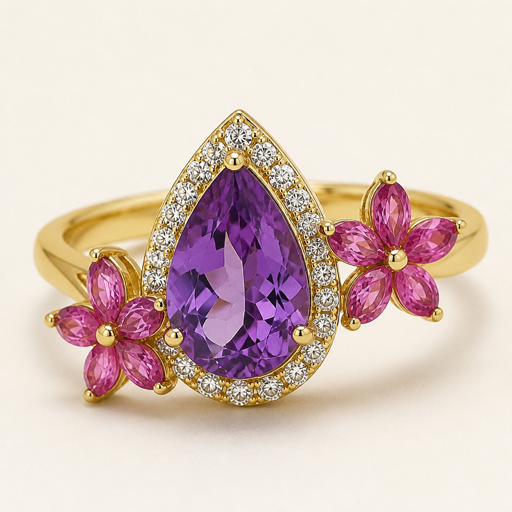 A classic women's ring made of gold with diamond and sapphire and amethyst stones suitable for birthday. anello con ametista goccia con contorno di diamanti e un fiore a 5 petali in zaffiri rosa a destra della punta e un fiore a 5 petali in zaffiri rosa a sinistra della base. tutto montato su oro giallo
photorealistic jewelry design, A classic women's ring made of gold with diamond and sapphire and amethyst stones suitable for birthday. anello con ametista goccia con contorno di diamanti e un fiore a 5 petali in zaffiri rosa a destra della punta e un fiore a 5 petali in zaffiri rosa a sinistra della base. tutto montato su oro giallo, classic style, just the design no text