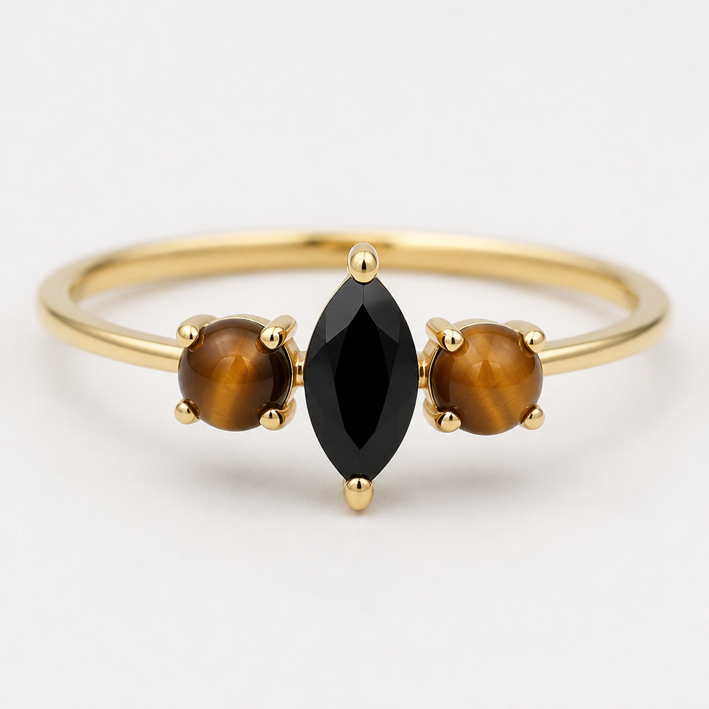A women's ring. anillo de oro amarillo, de hilo fino de 1.2 mm. con onix negro central vertical en corte marquesa de 6 x 3 mm y 1 ojo de tigre a cada lado
photorealistic jewelry design, A women's ring. anillo de oro amarillo, de hilo fino de 1.2 mm. con onix negro central vertical en corte marquesa de 6 x 3 mm y 1 ojo de tigre a cada lado, modern style, just the design no text