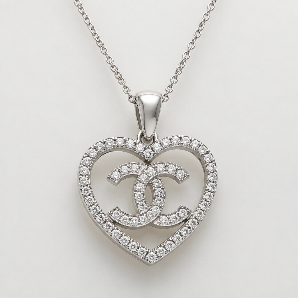 A modern women's pendant made of white gold with diamond stones suitable for daily wear. cost 300$, Chanel design, love symbol,
photorealistic jewelry design, A modern women's pendant made of white gold with diamond stones suitable for daily wear. cost 300$, Chanel design, love symbol,, modern style, just the design no text
