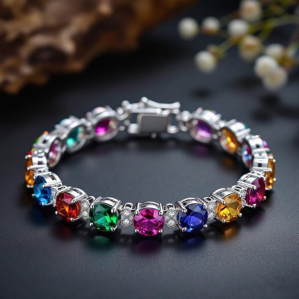Unisex luxury bracelet, silver chain with colorful gemstones set into the links, elegant design.