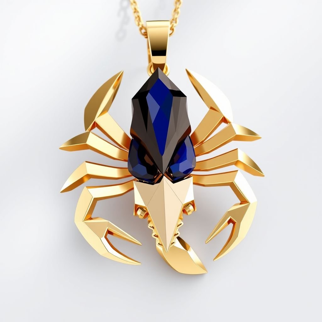 Geomatric scorpion pendant of gold with modern shape and architectural stones too