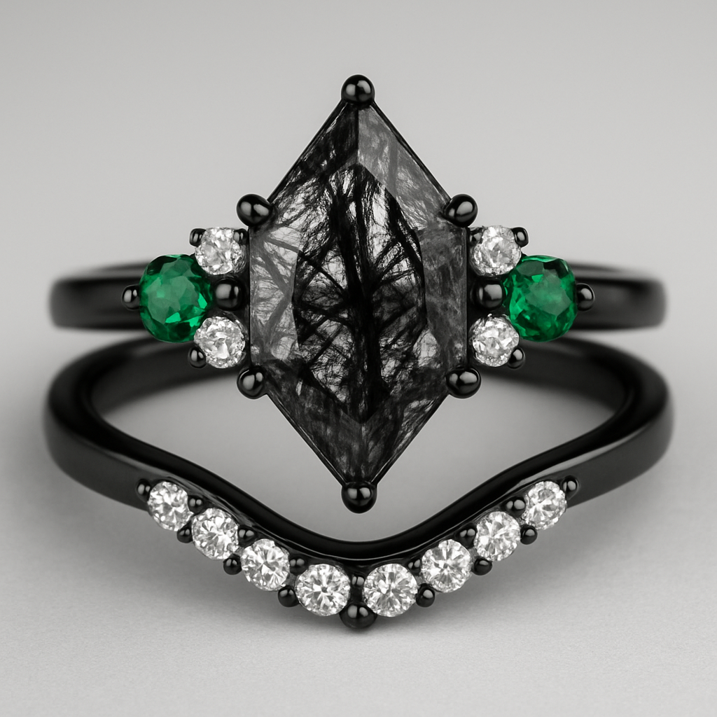 Kite cut Black rutilated quartz with 1 emerald on each side and 3 moissanite on each side accent stones in a cluster on a black band, separate wedding band black with moissanite stones that curves around the main stone 